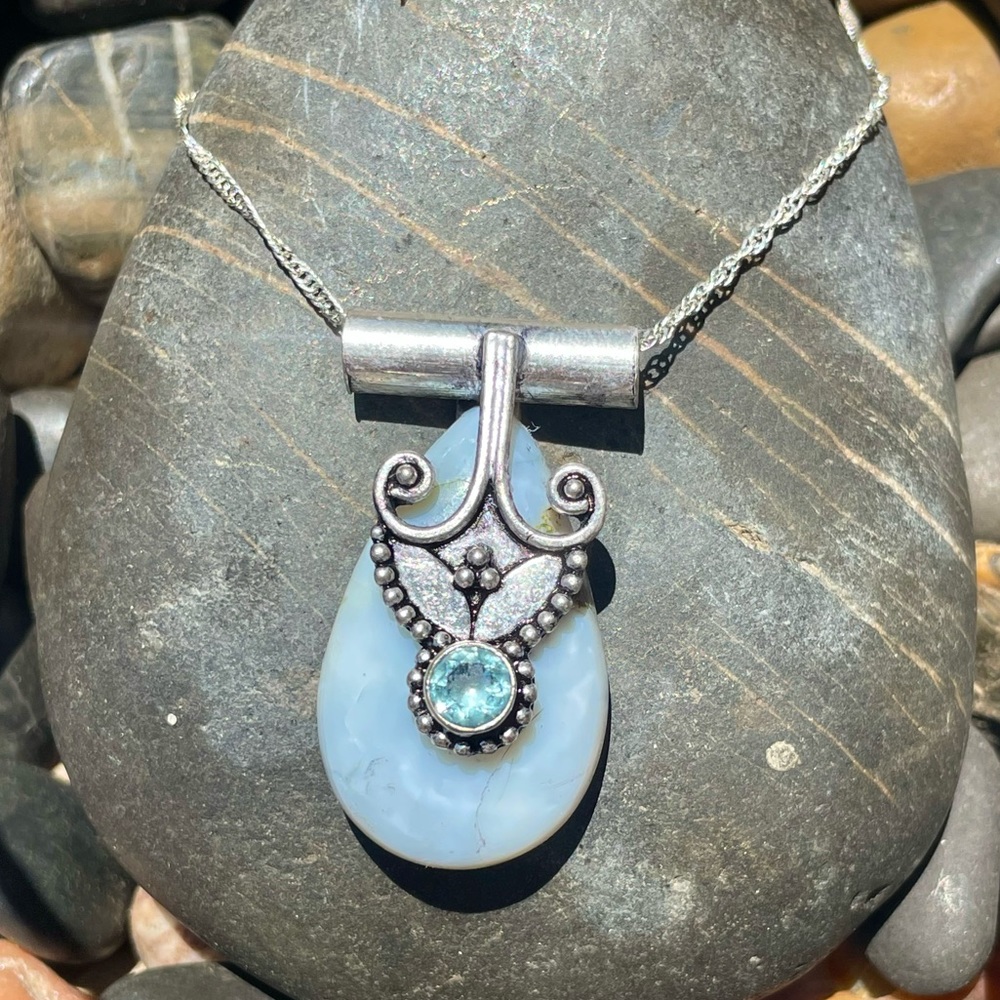 😵Owyhee Blue Opal Sky Topaz Pendant Necklace 925 Sterling Silver drop agate